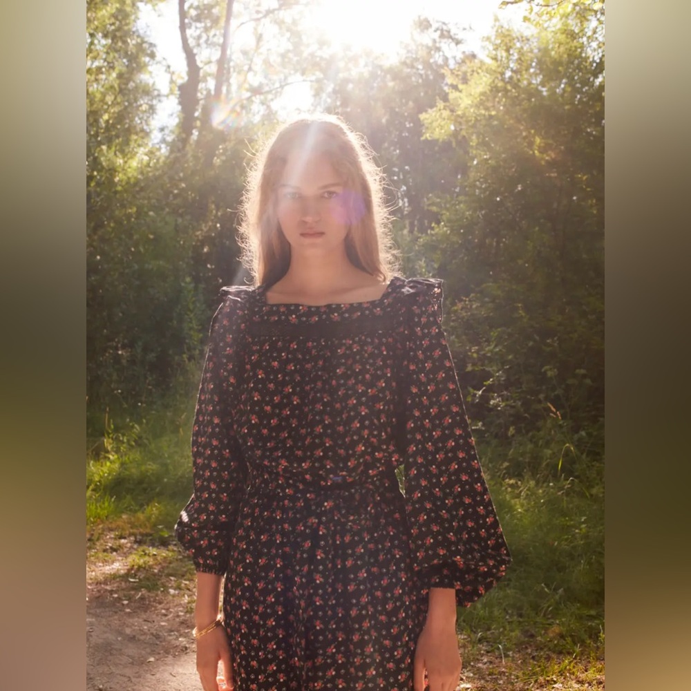 Smocked Floral Maxi Dress in Black with Pink Accents - Picture 4 of 6